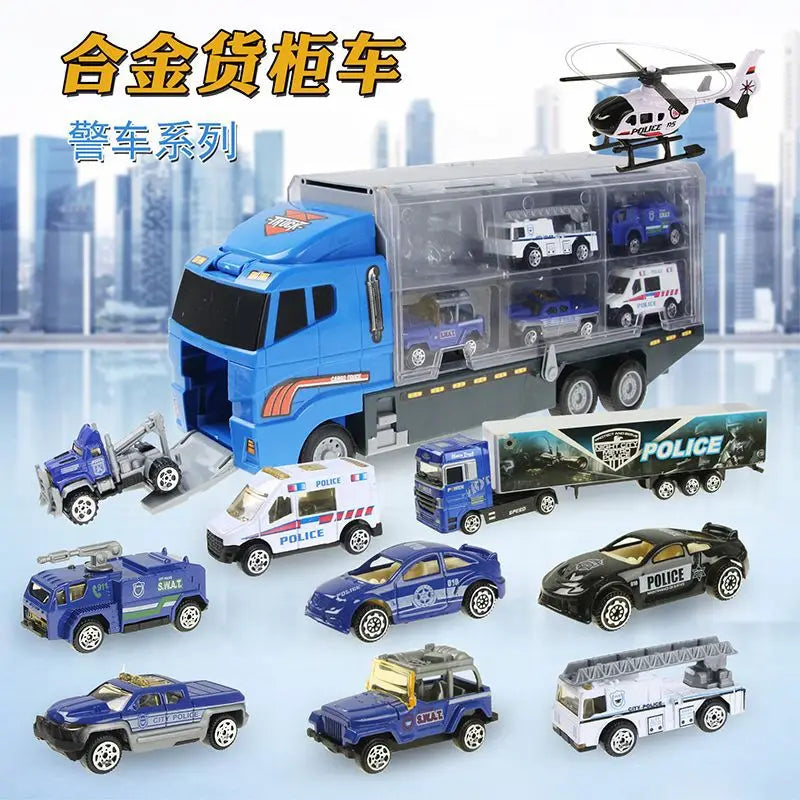Conjunto de caminhões grandes, mini carros de brinquedo fundidos em liga metálica, veículos de transporte, caminhão, helicóptero, tanque, caminhão de bombeiros, engenharia, brinquedos para crianças