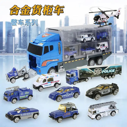 Conjunto de caminhões grandes, mini carros de brinquedo fundidos em liga metálica, veículos de transporte, caminhão, helicóptero, tanque, caminhão de bombeiros, engenharia, brinquedos para crianças